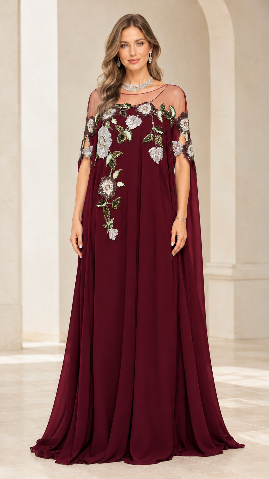 Burgundy wine red floral embroidered cape maxi evening gown