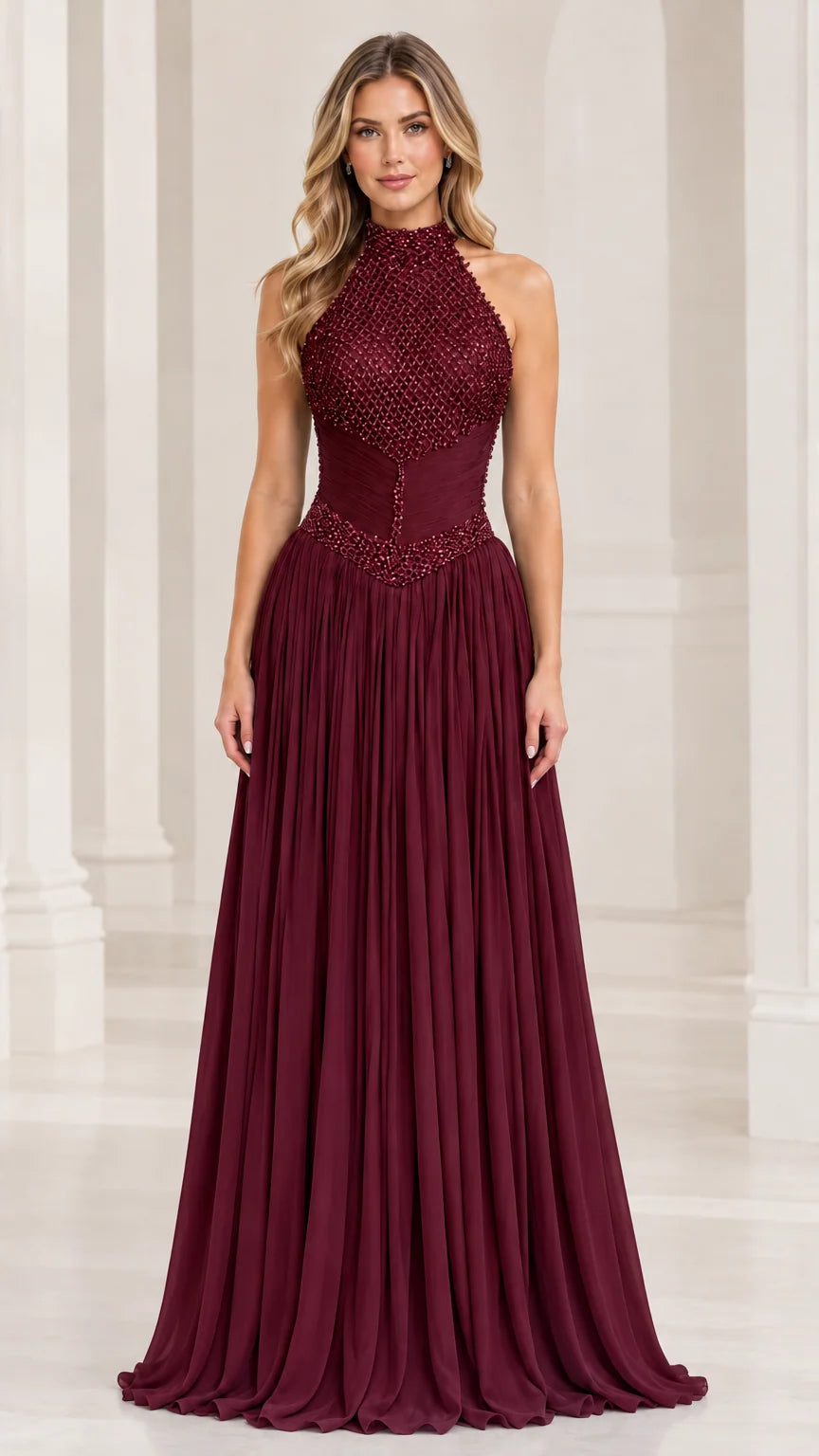 Front view of model wearing a burgundy wine high-neck halter beaded formal gown