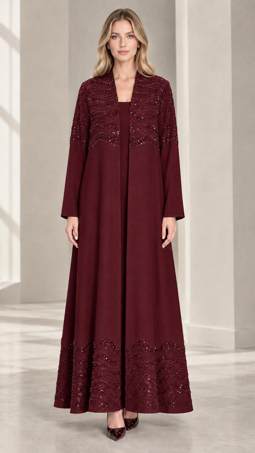 Front view of woman wearing Burgundy sequined embroidered evening maxi dress set
