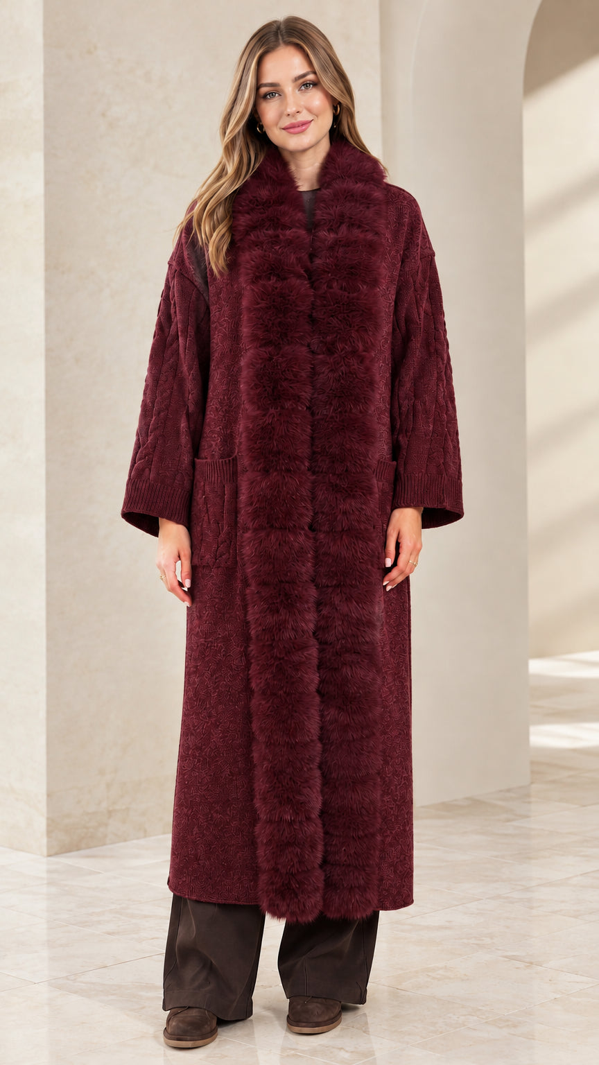 Burgundy long open front knit cardigan with faux fur trim
