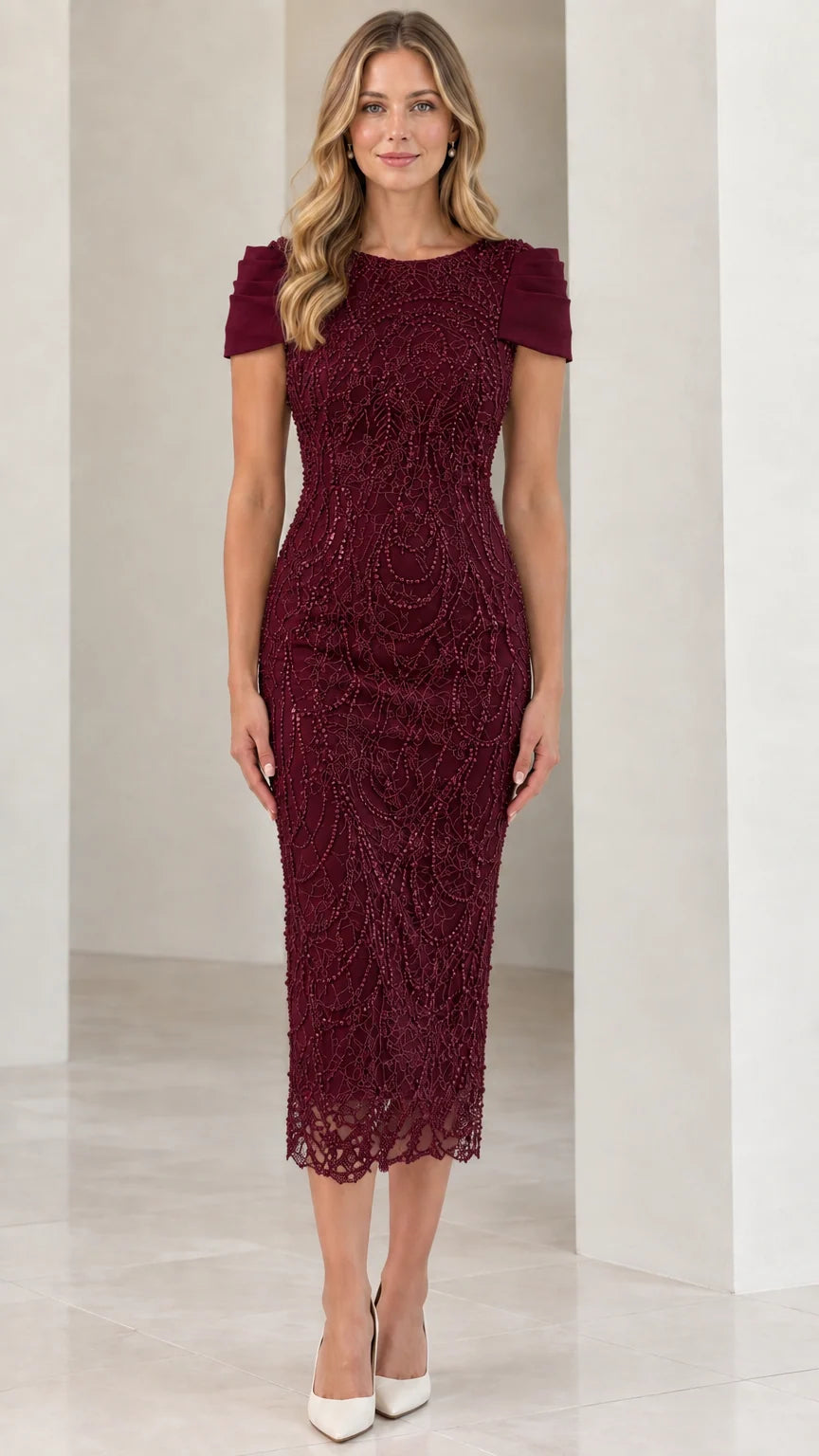 Front view of woman wearing Burgundy wine sequin midi formal dress