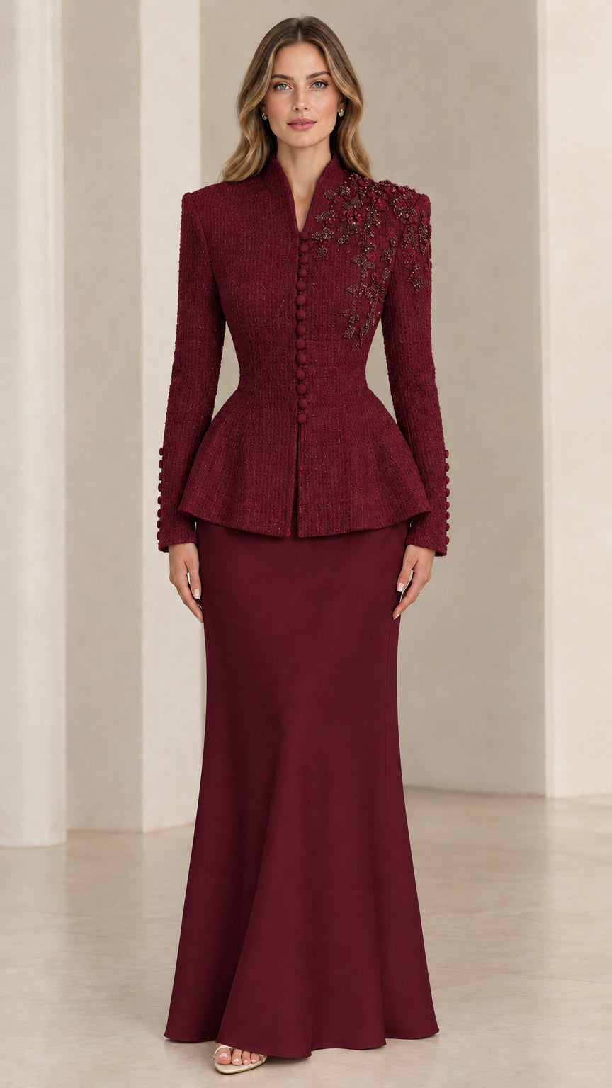 Burgundy wine red beaded tweed peplum jacket and evening skirt set