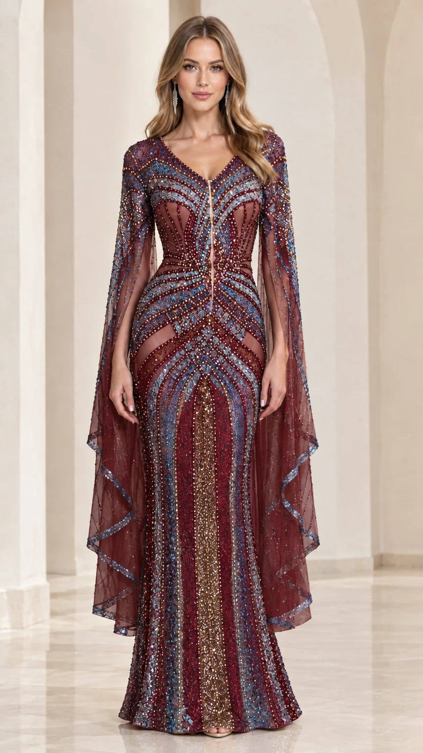 Burgundy wine beaded mermaid gown with flowing cape sleeves on model
