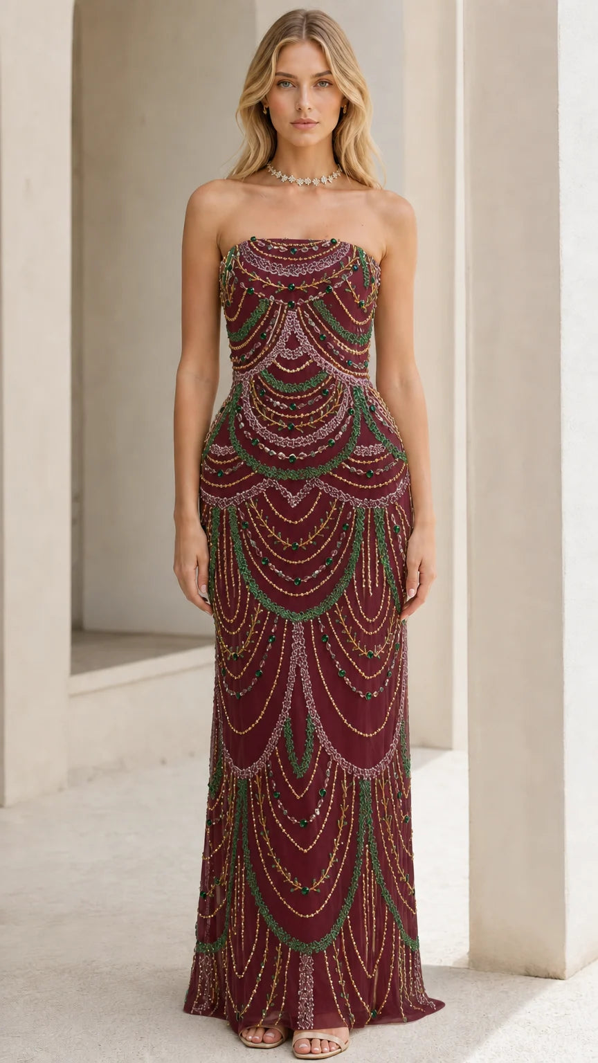 Front view of model wearing the burgundy beaded evening gown variant