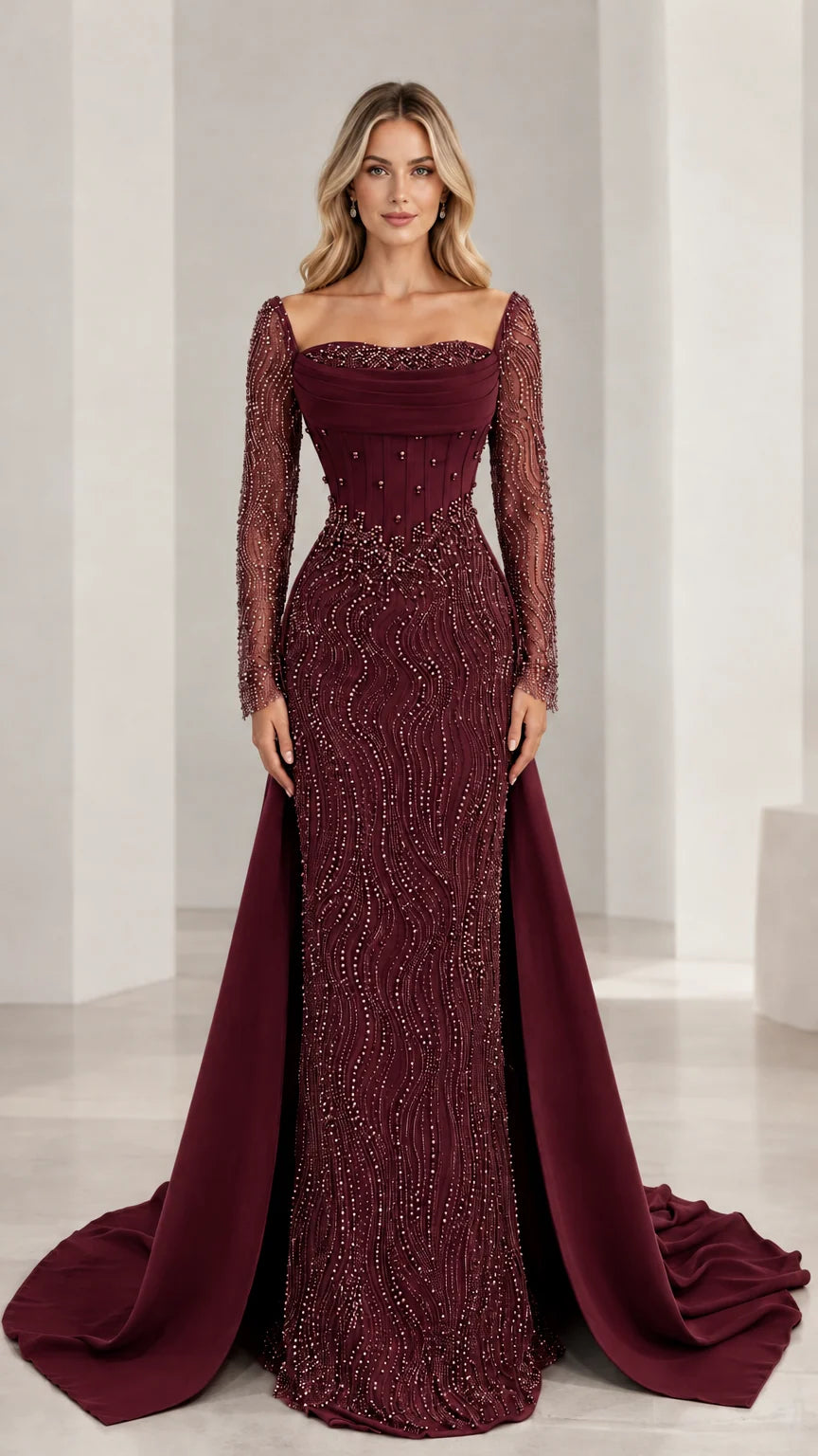 Burgundy wine red embellished evening gown with long sleeves and train
