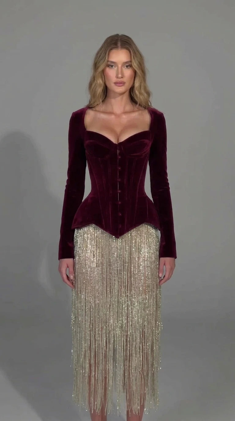 Burgundy wine red velvet corset long sleeve dress with metallic fringe skirt