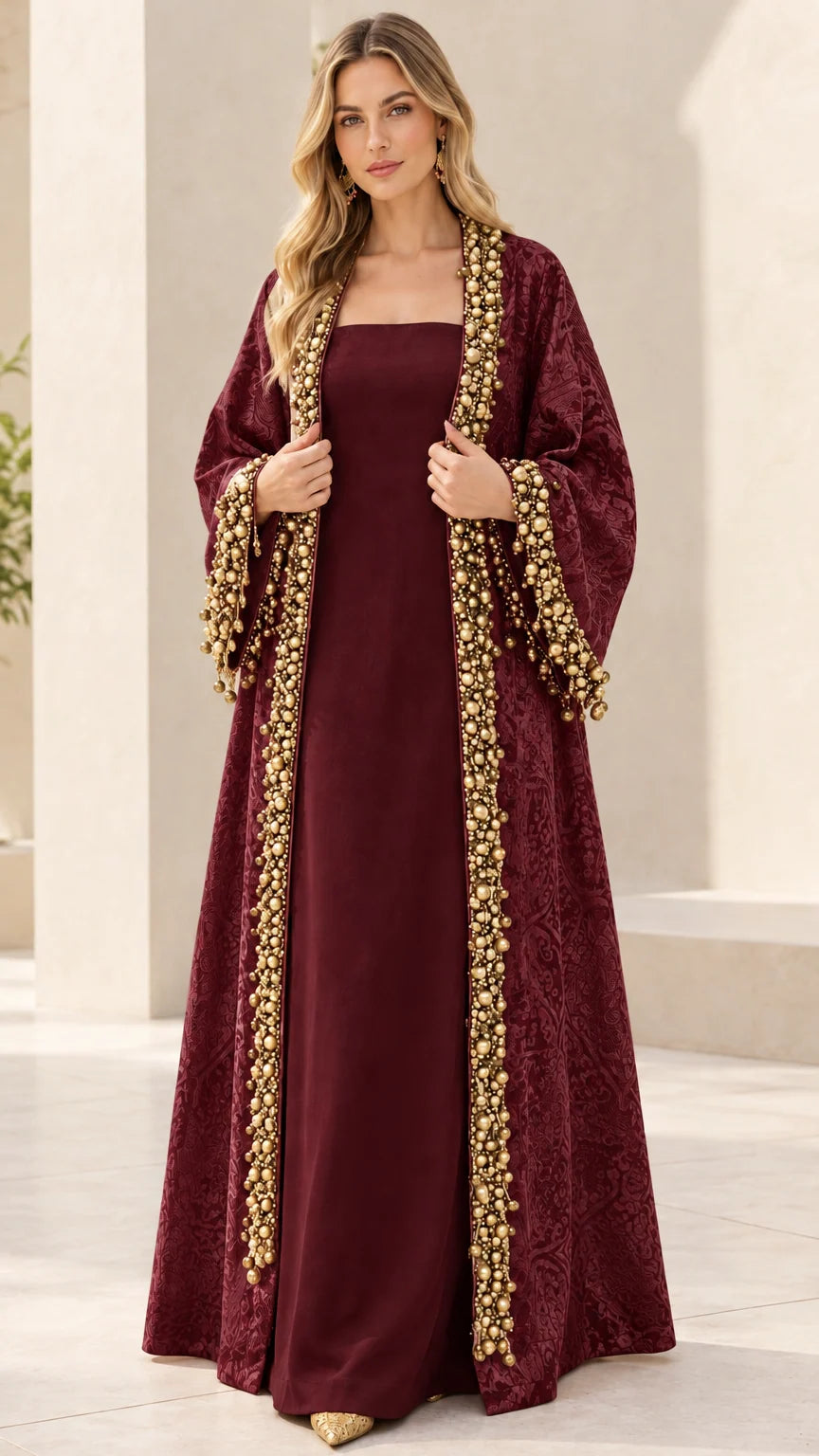 Model wearing Burgundy red jacquard abaya dress set with elaborate bead detailing