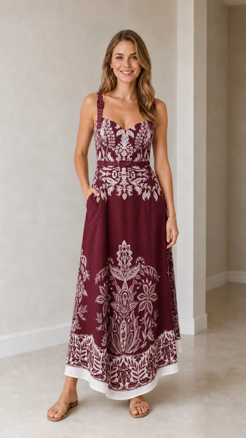Model wearing burgundy botanical print maxi dress