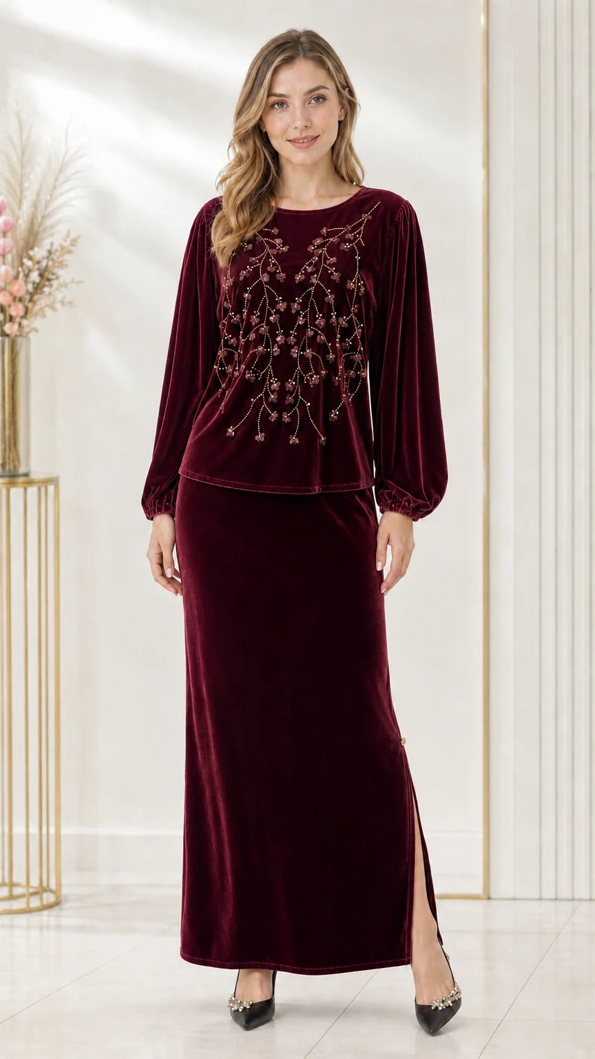 Full-length front view of burgundy wine red beaded velvet two-piece maxi skirt set