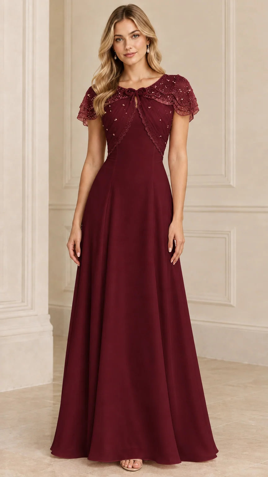 Burgundy wine red embellished capelet formal maxi gown