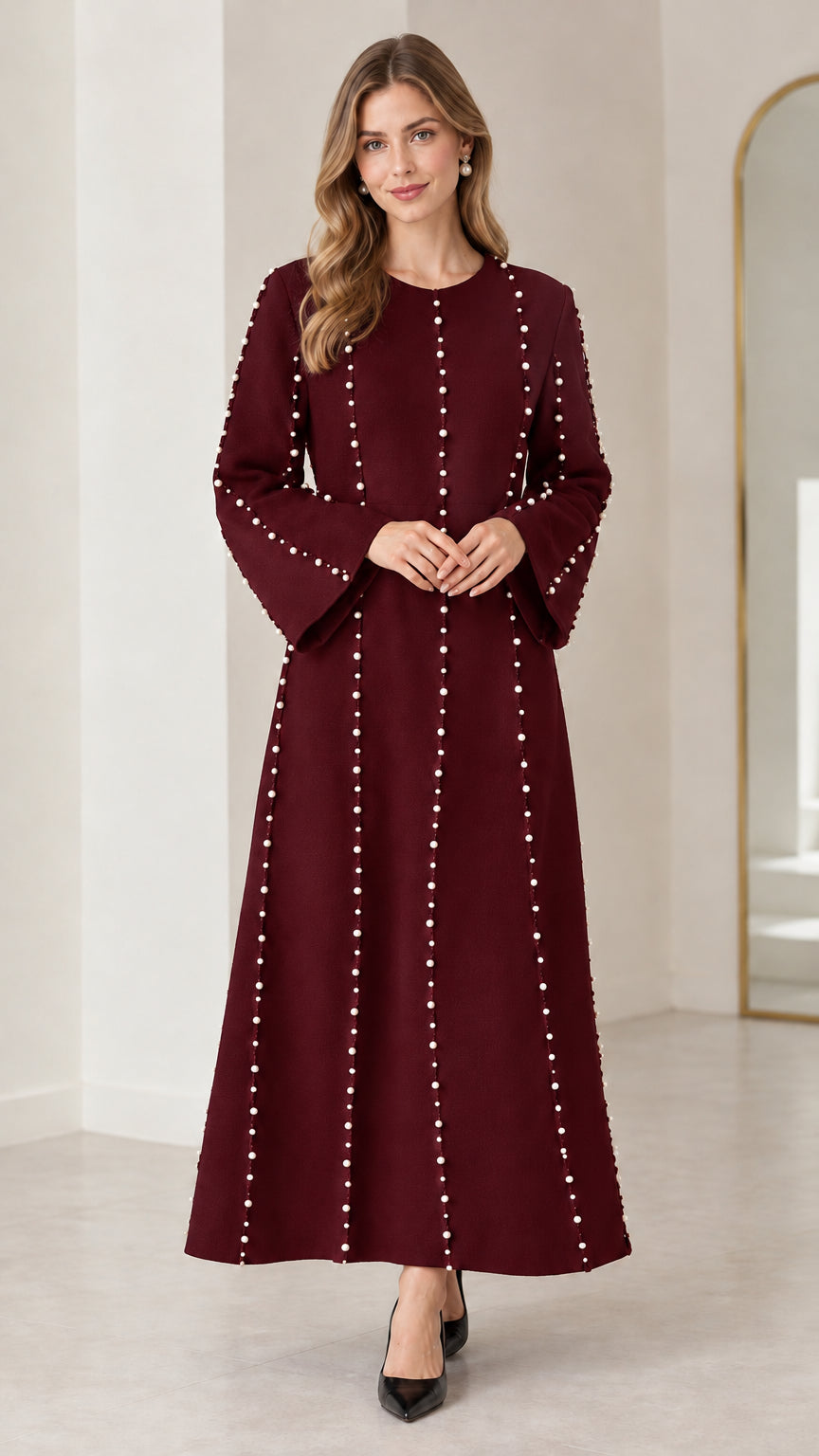 Burgundy wine red long sleeve pearl embellished maxi dress