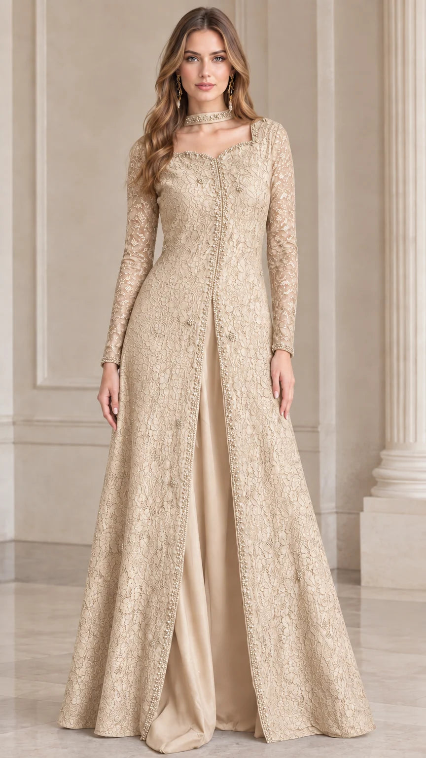 Champagne gold beaded floral lace long sleeve evening gown