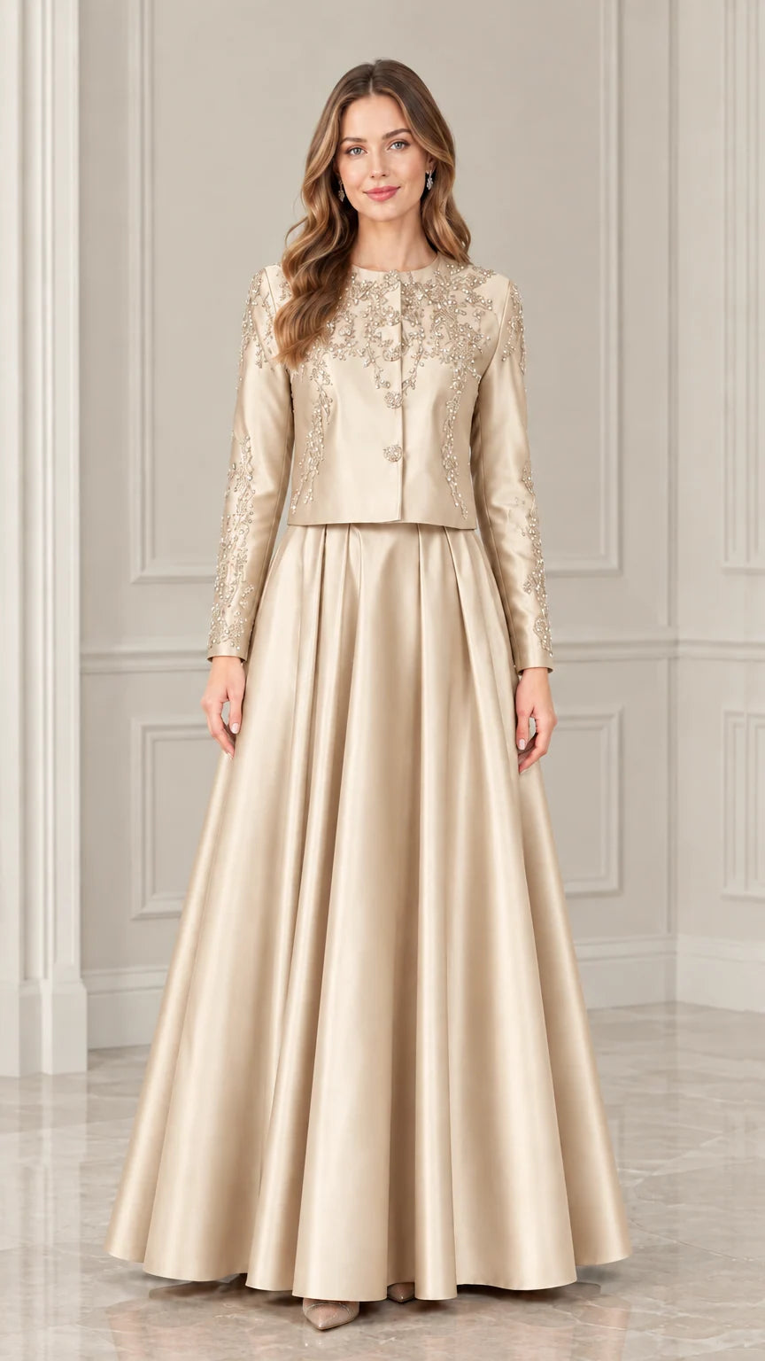 Model wearing champagne gold beaded formal jacket and floor-length skirt set