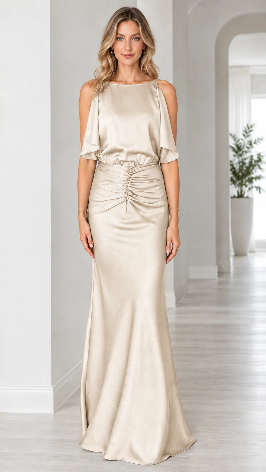 Front view of model wearing champagne ivory satin ruched formal dress