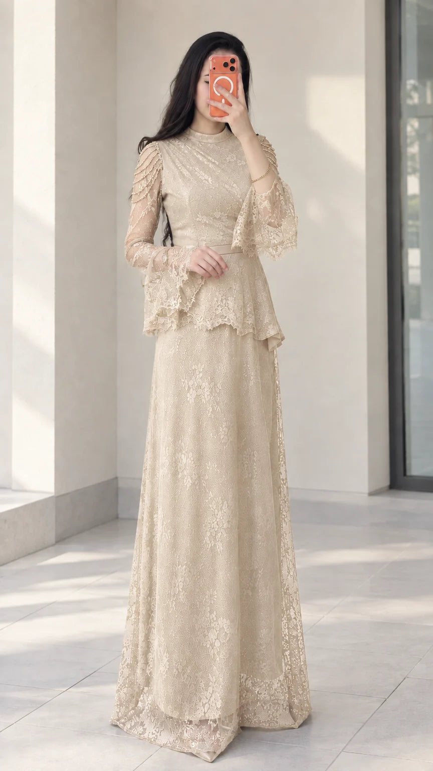 Champagne beige beaded lace peplum evening dress