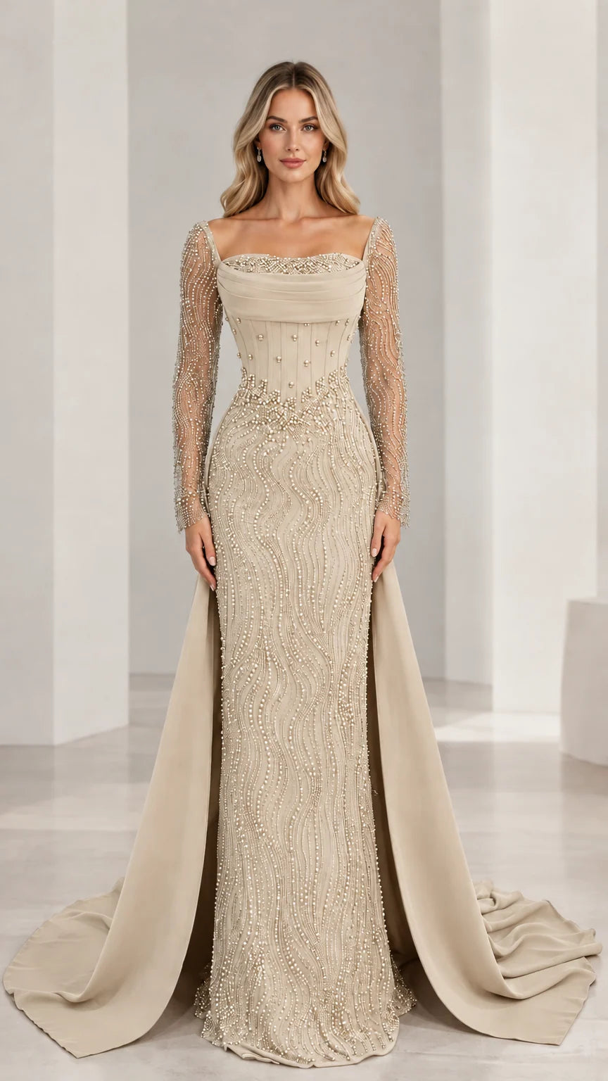 Champagne gold beaded formal dress with sheer sleeves and side overskirt