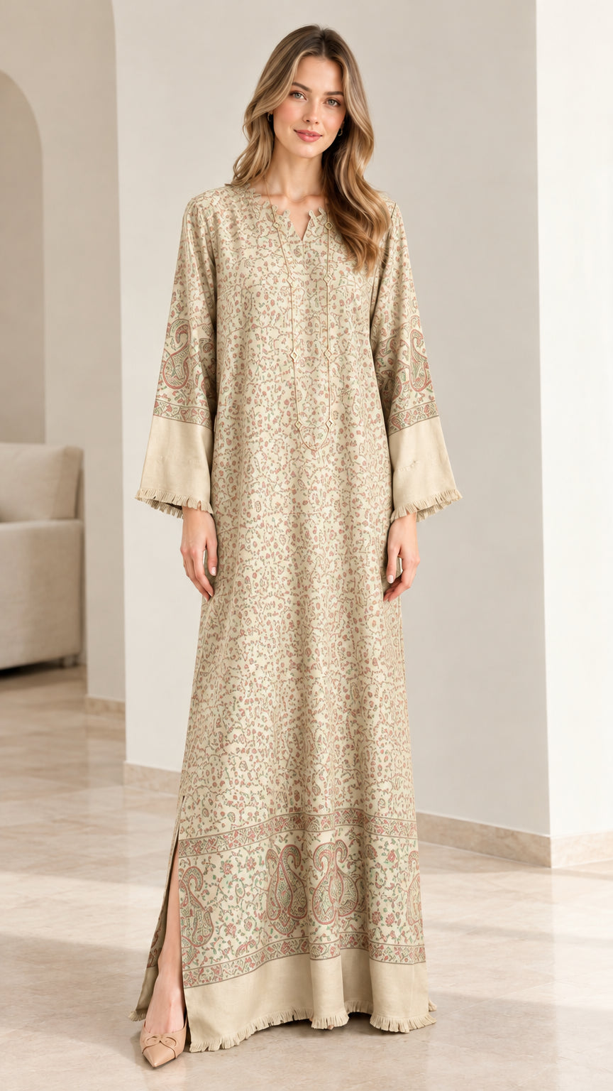 Full-length view of floral print kaftan maxi dress in elegant champagne beige