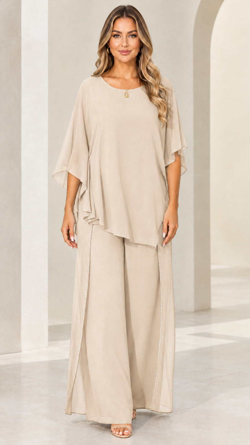 Front view of model wearing Champagne beige formal chiffon pant set