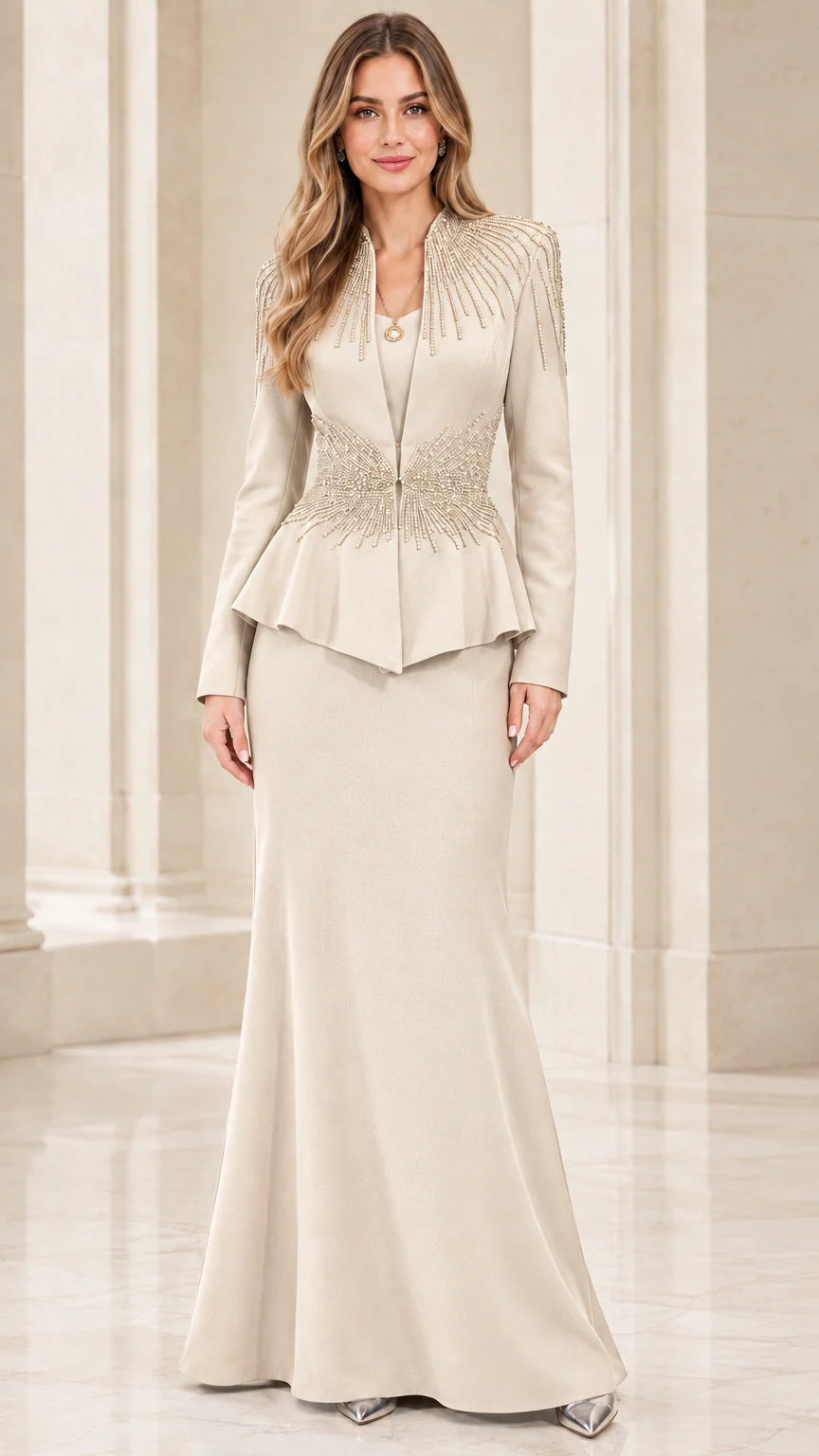 Champagne ivory beaded peplum mother of the bride gown set