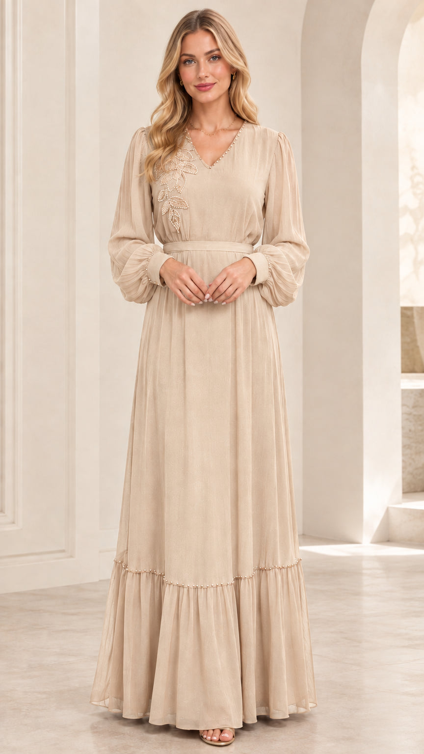 Champagne beige long sleeve V-neck embellished maxi dress with matching belt