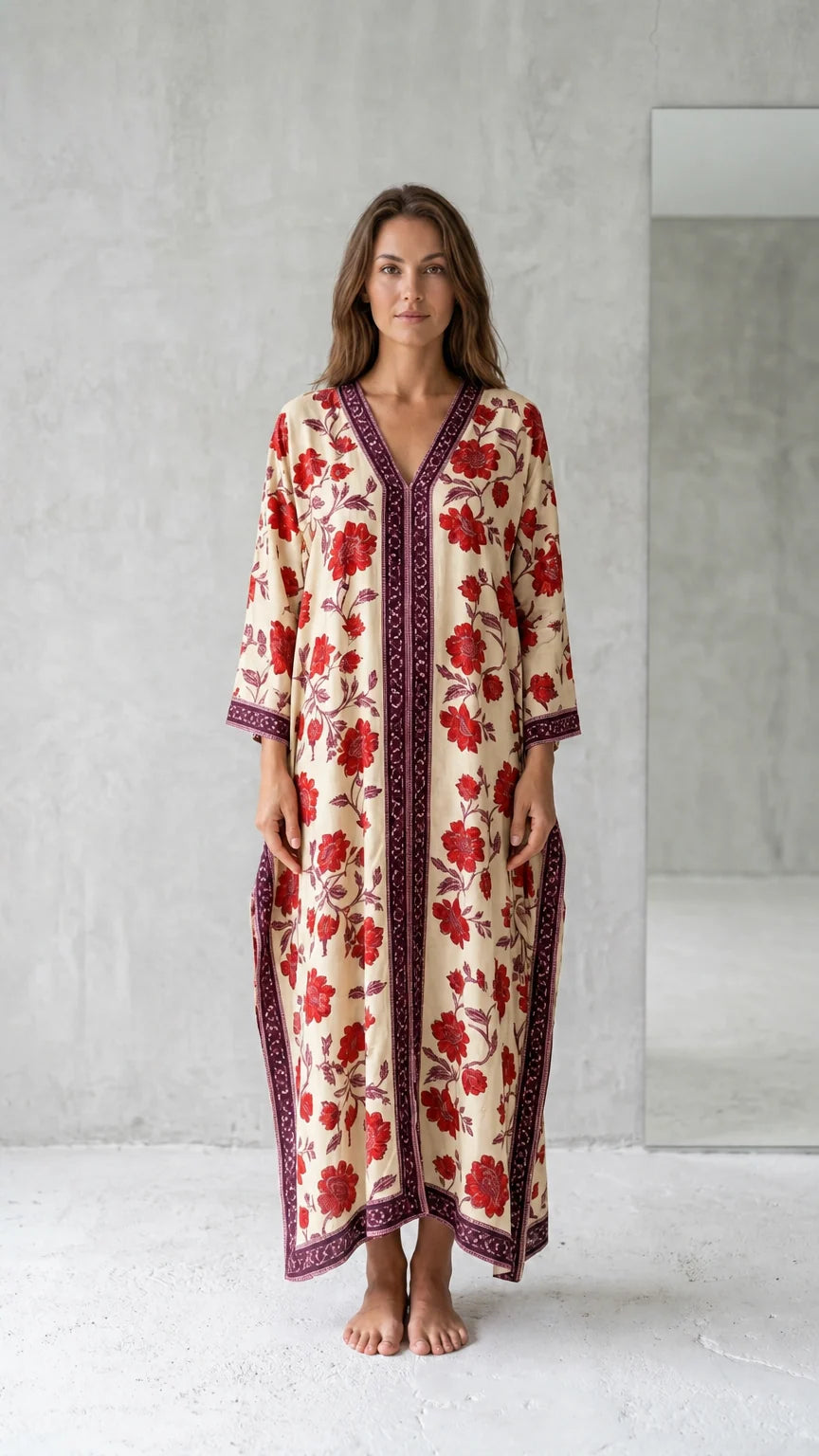 Front view of model wearing cream floral long kaftan maxi dress