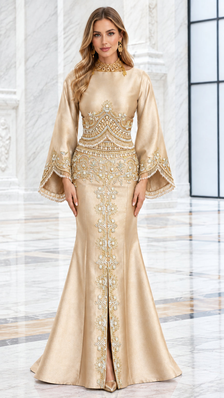 Champagne embellished mermaid evening gown shown from the front