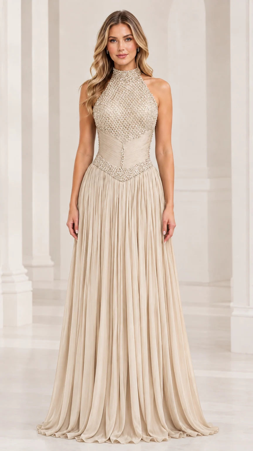 Front view of model wearing a champagne beige high-neck halter beaded pleated gown