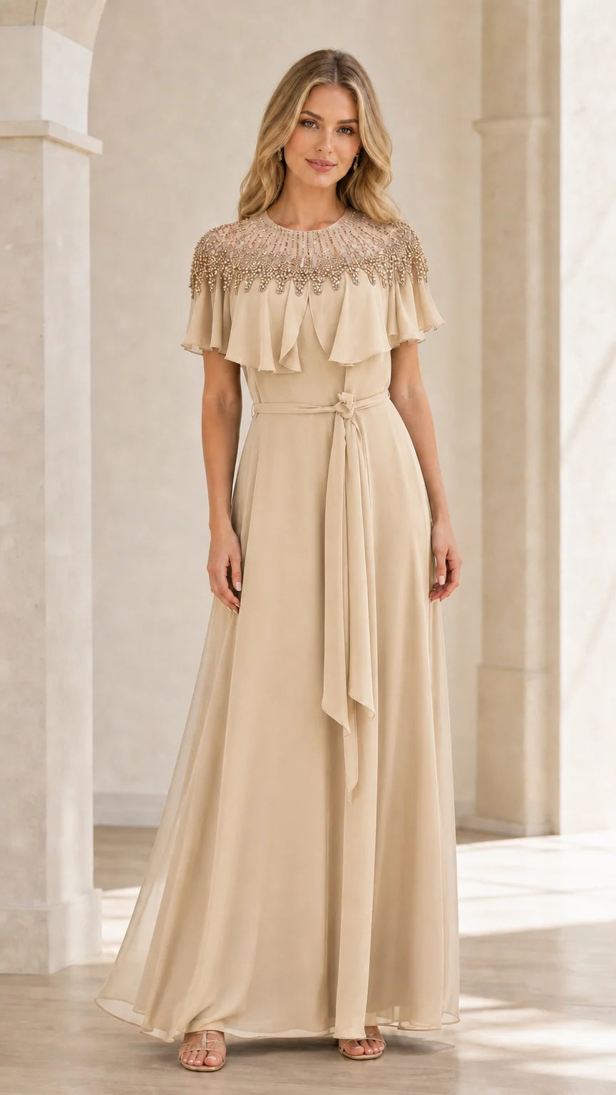 Front view of champagne beaded capelet maxi dress