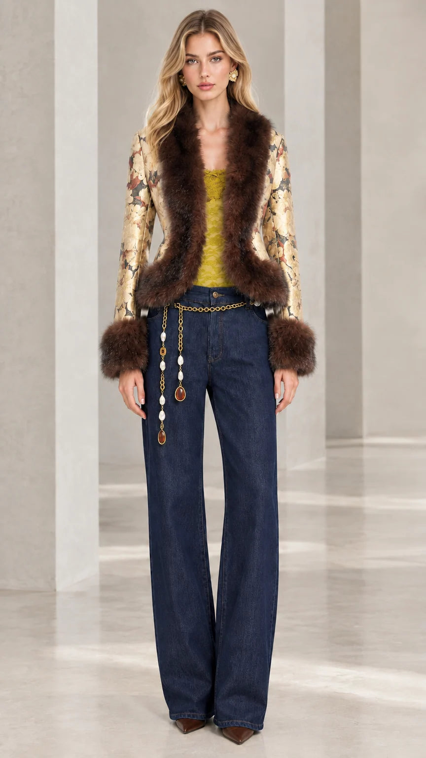 Full front view of gold metallic jacquard blazer with plush faux fur trim