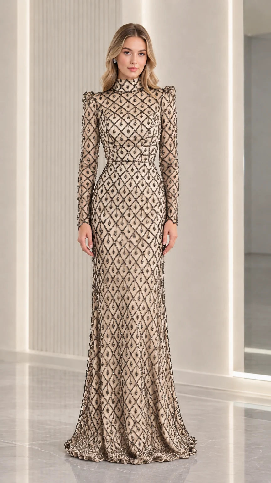 Champagne gold beaded long sleeve formal gown front view