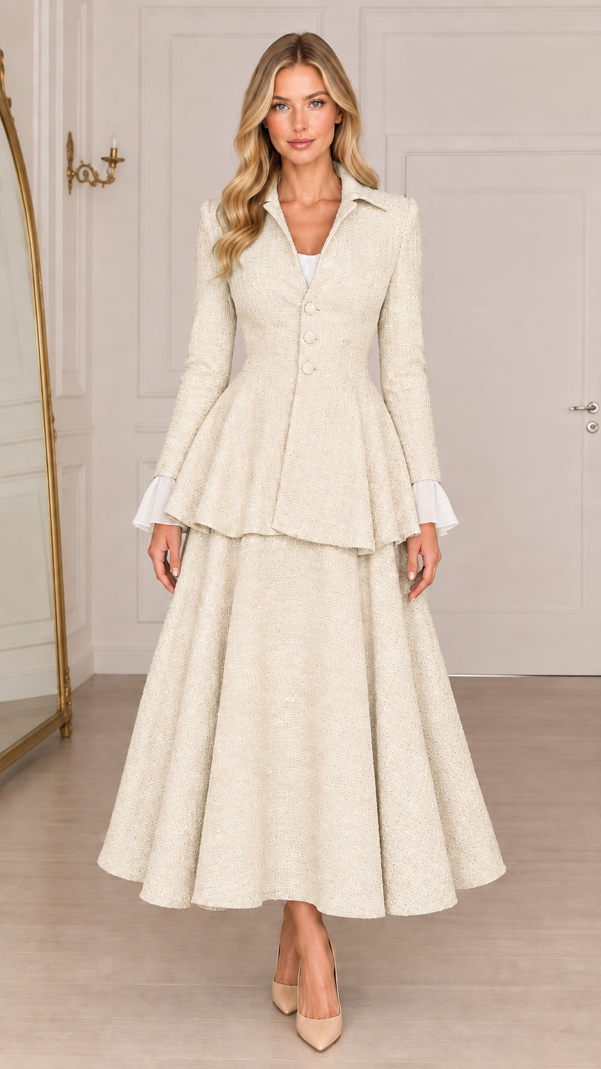 Cream ivory tweed long sleeve peplum maxi dress front view
