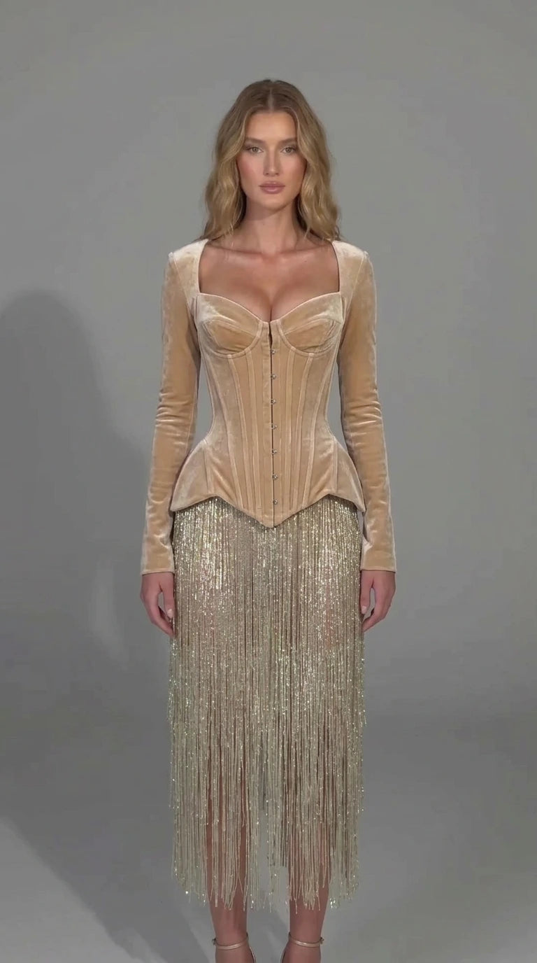 Champagne gold velvet corset long sleeve dress with matching tassel fringe skirt