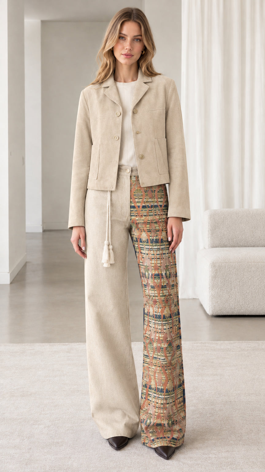 Model wearing oat beige cropped button-down jacket