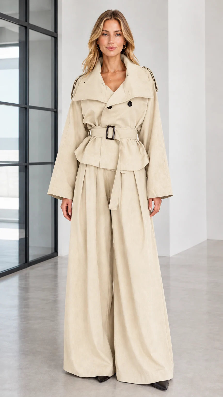 Front full view of woman wearing beige belted trench jacket and wide-leg pant set