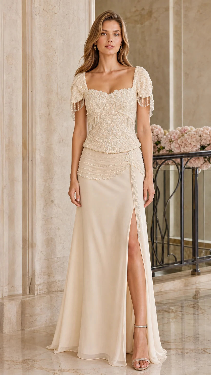 Full-length view of champagne beige embellished formal dress