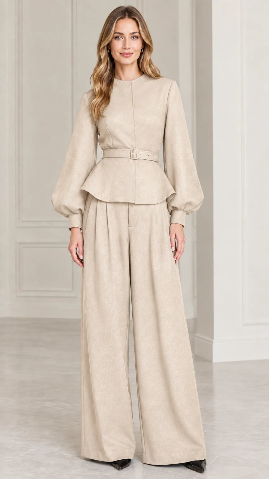 Full-length studio shot of model wearing Beige belted peplum top and wide-leg pants set
