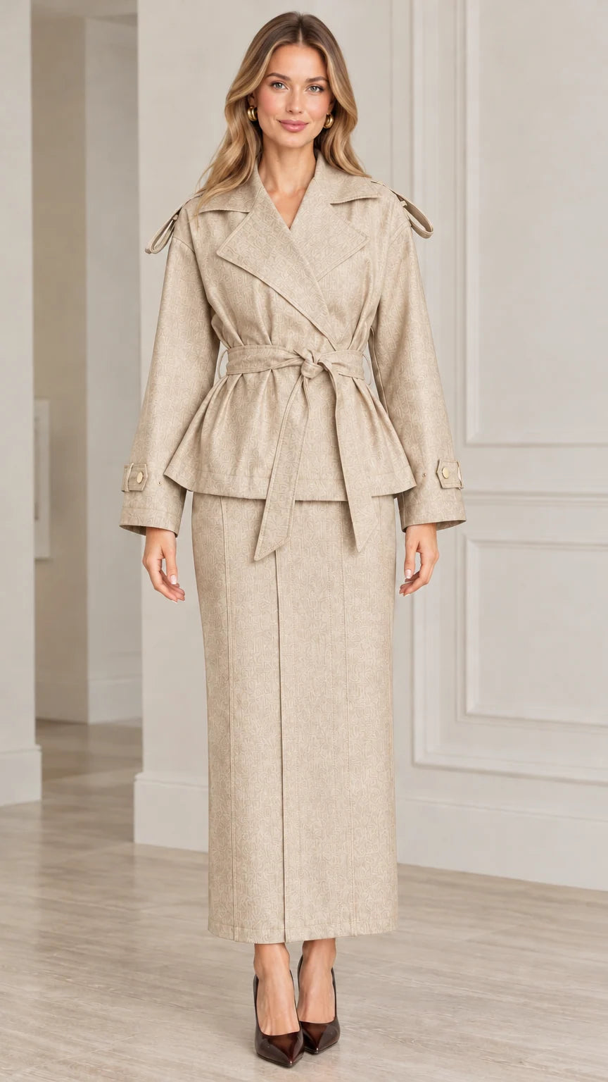 Front view of model wearing Beige khaki belted trench jacket and maxi skirt set